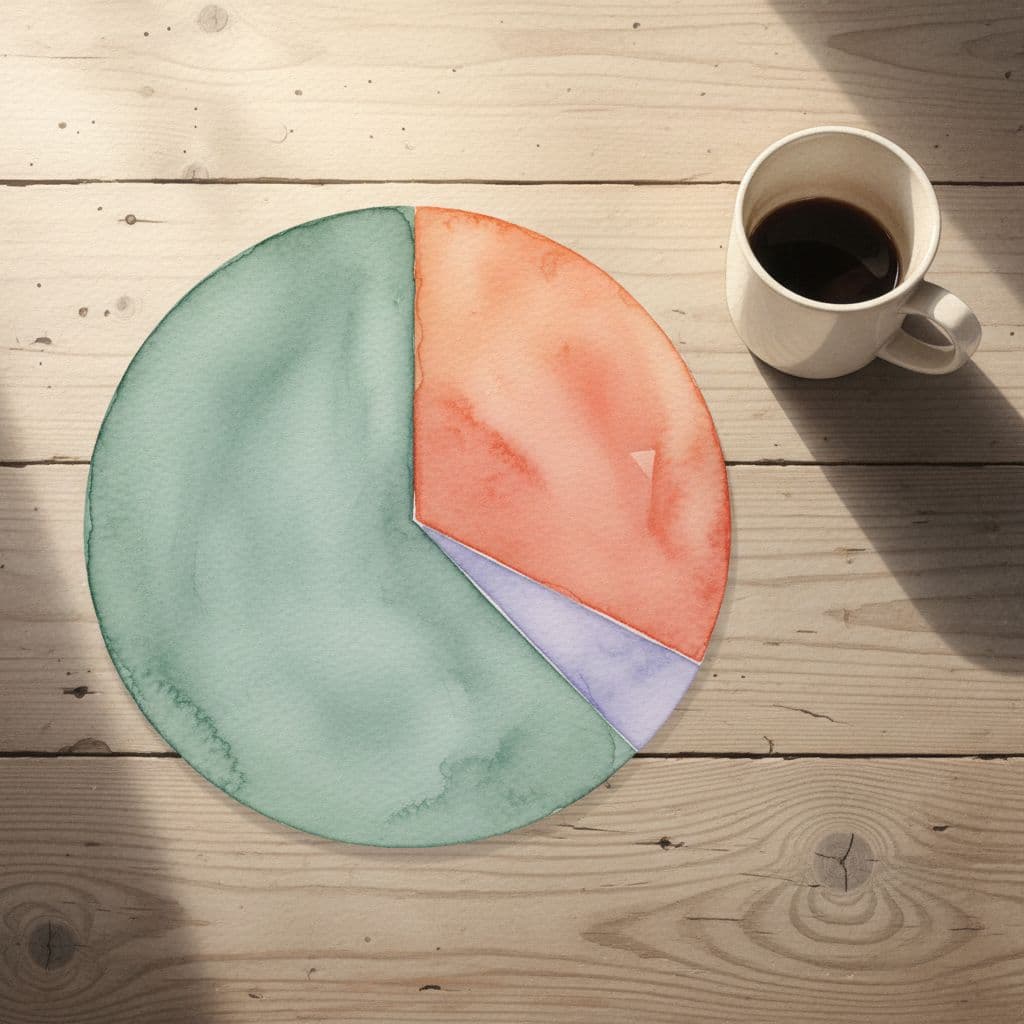 Pie chart illustration showing 50% needs, 30% wants, 20% savings on a wooden table with coffee mug nearby, in watercolor style with soft blending, brush texture, soft overhead light, no text, numbers, labels, people or extra objects.