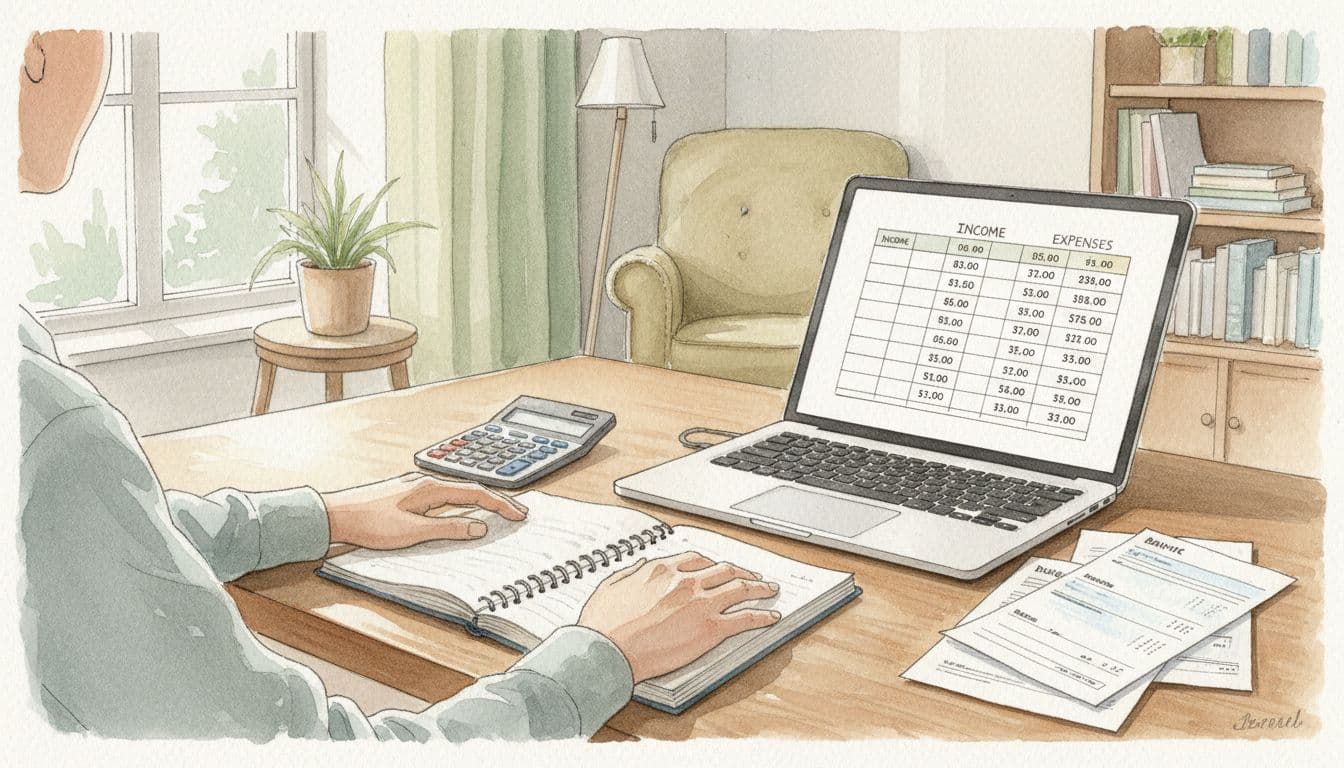 A person relaxes at a wooden desk with a notebook, calculator, open laptop showing income and expenses spreadsheet, and nearby bank statements in a soft-lit home office, painted in watercolor style with warm neutral tones and brush textures.