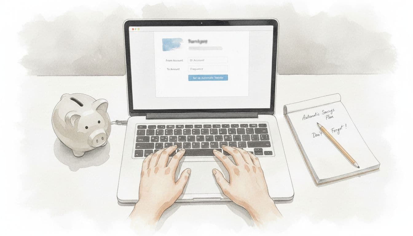 Open laptop on modern desk showing vague banking transfer interface, person's hands on keyboard, piggy bank and notepad beside, in soft watercolor style with neutral tones and overhead lighting.