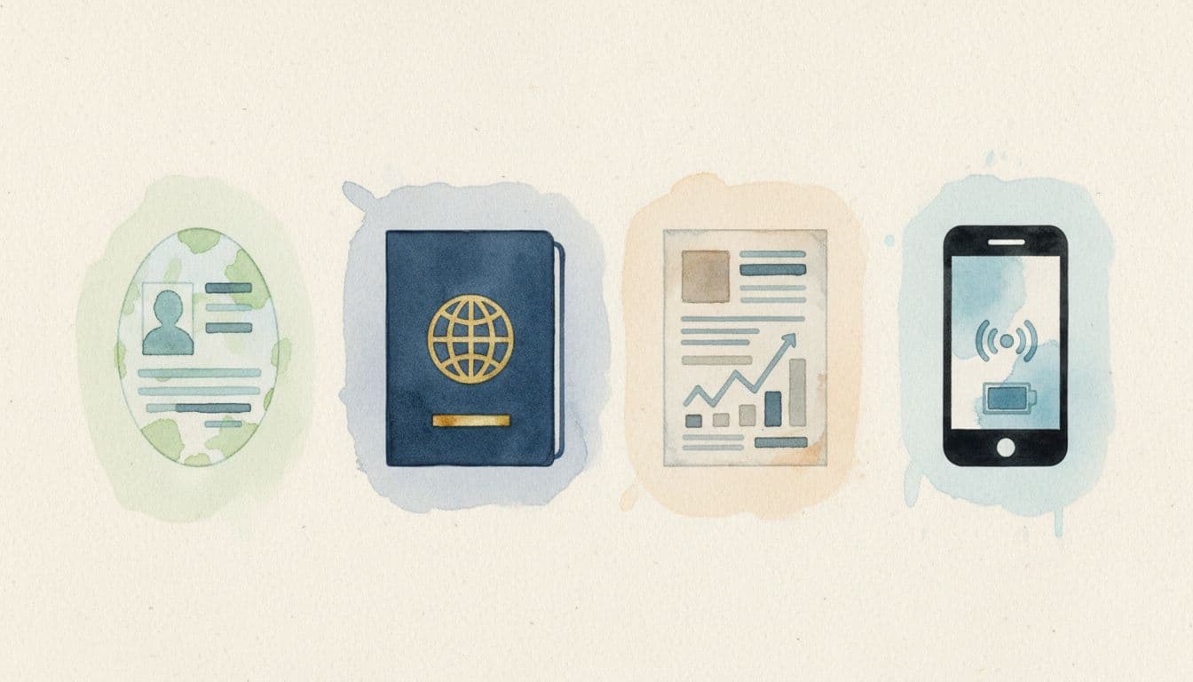 Step-by-step watercolor icons of an ID card, passport, utility bill, and mobile phone arranged sequentially from left to right on a table, top-down view with soft blending, brush texture, and neutral background.
