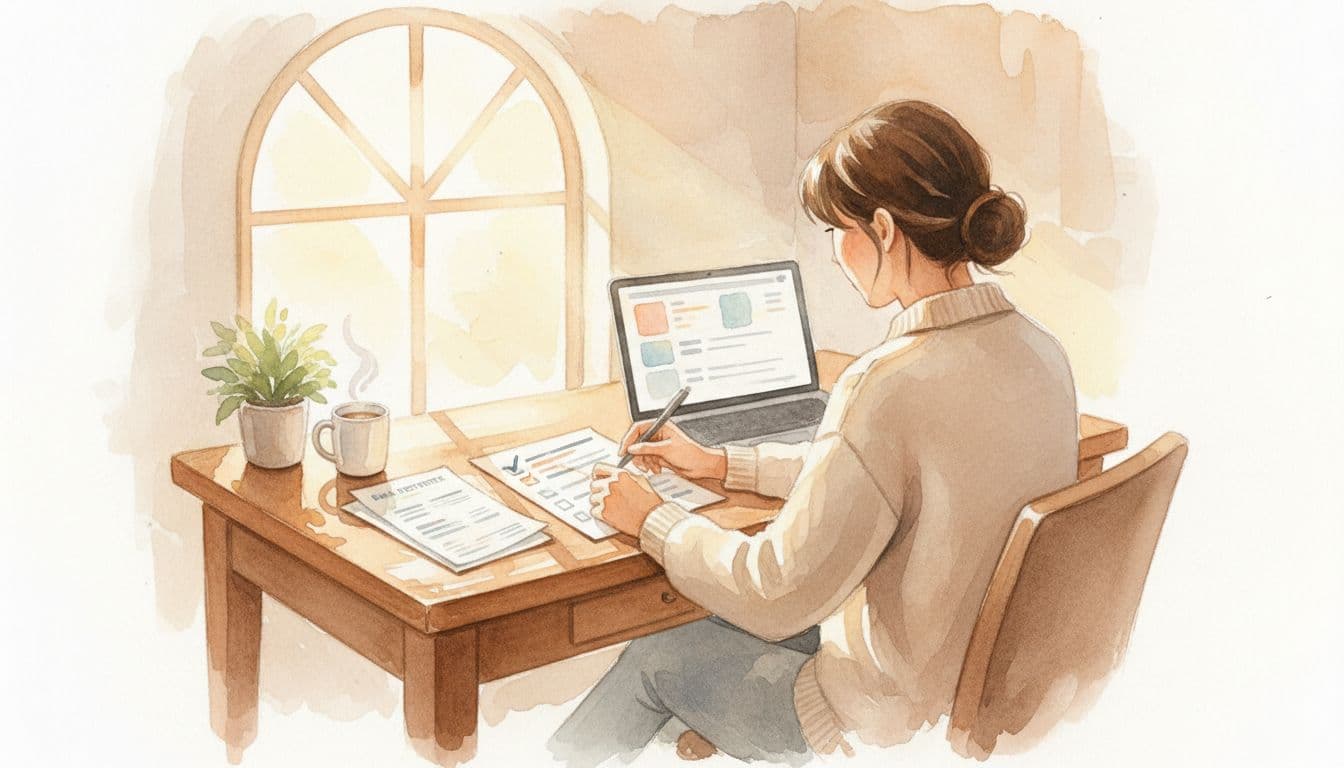 A person at a wooden desk marks off a checklist with bank statements and a laptop showing account details, illuminated by soft morning light through a window, rendered in watercolor style with warm tones and brush textures.