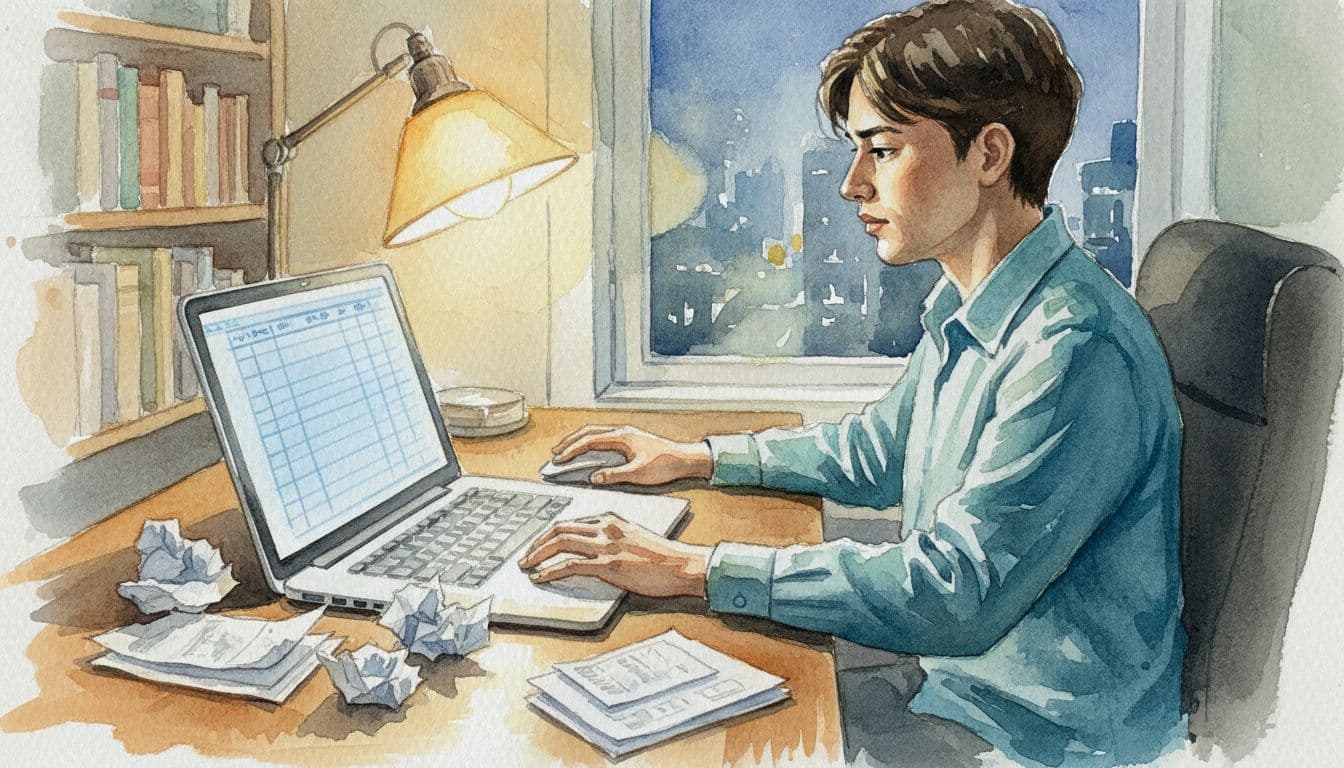 A focused individual fills out a budget spreadsheet on a laptop at a cluttered home office desk with bills and receipts scattered around, illuminated by evening lamp light, in a watercolor style with soft blending and brush textures.