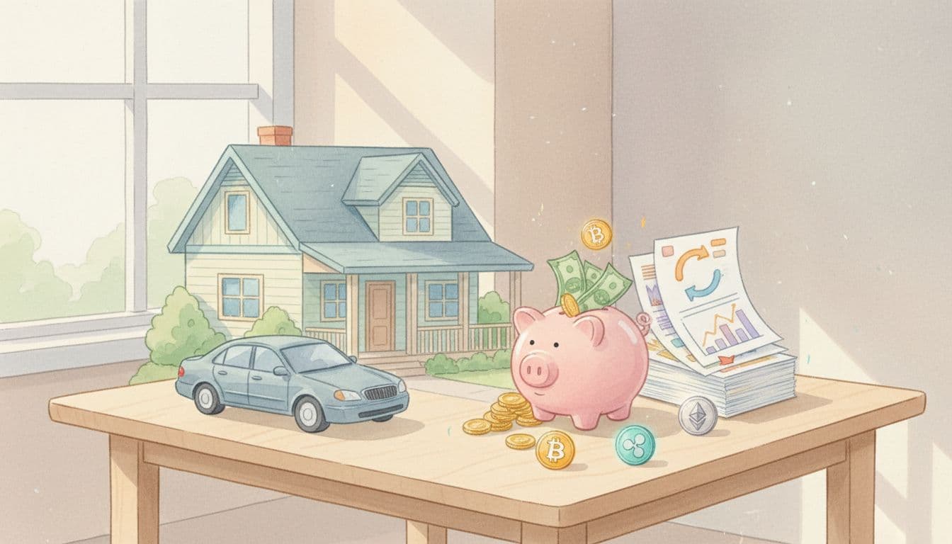Watercolor illustration of everyday assets like a cozy house, car, piggy bank, investment papers, and crypto icons arranged on a sunlit wooden table, representing components of personal net worth.