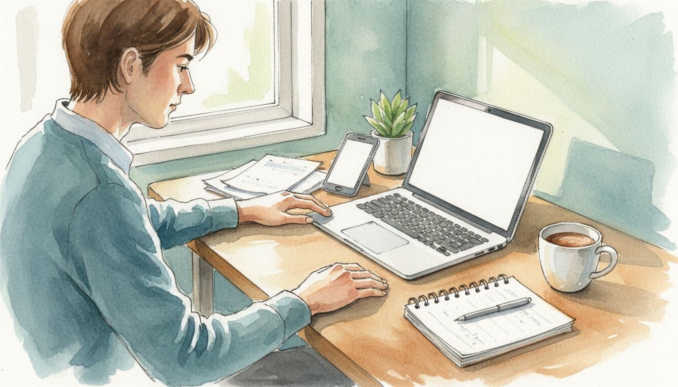 A person sits at a home desk comparing bank apps on a laptop and phone in an organized workspace with notebook and coffee mug, rendered in watercolor style with soft blending and brush texture, side view.