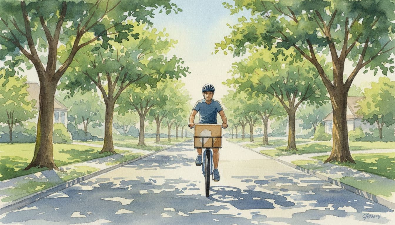 A confident person rides a bicycle carrying a delivery box in the front basket on a sunny suburban street lined with trees, depicted in soft watercolor style with vibrant yet soft palette and dynamic forward motion.