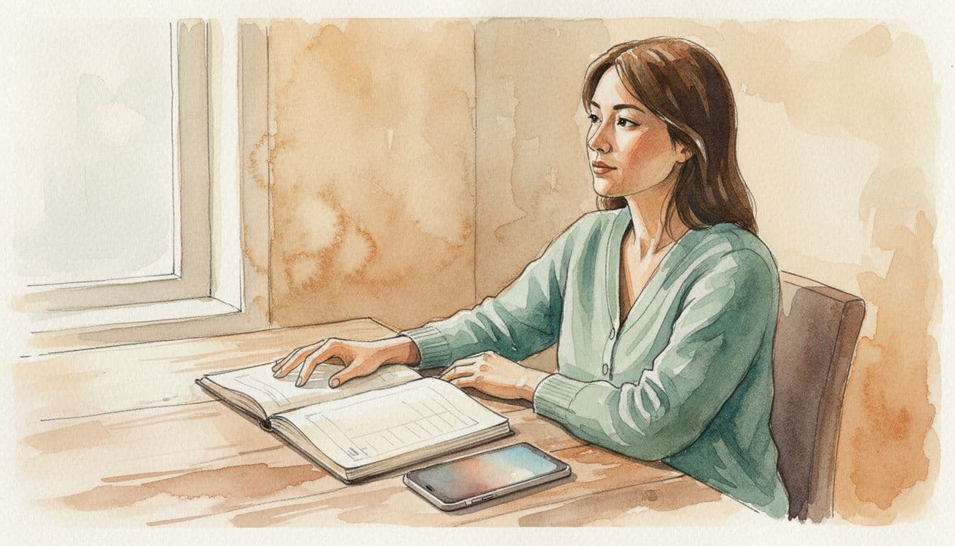 A single person sits relaxed at a cozy home desk with a smartphone and open notebook side by side in front, hand gently touching the notebook, soft window light, wide landscape watercolor style illustrating choice between digital app and paper notes for low-stress expense tracking.