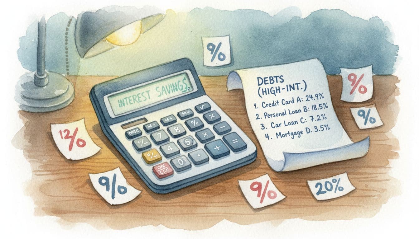 Close-up watercolor illustration of a calculator displaying interest savings next to a list of debts sorted by high interest rates, with soft desk lamp lighting and scattered percentage papers.