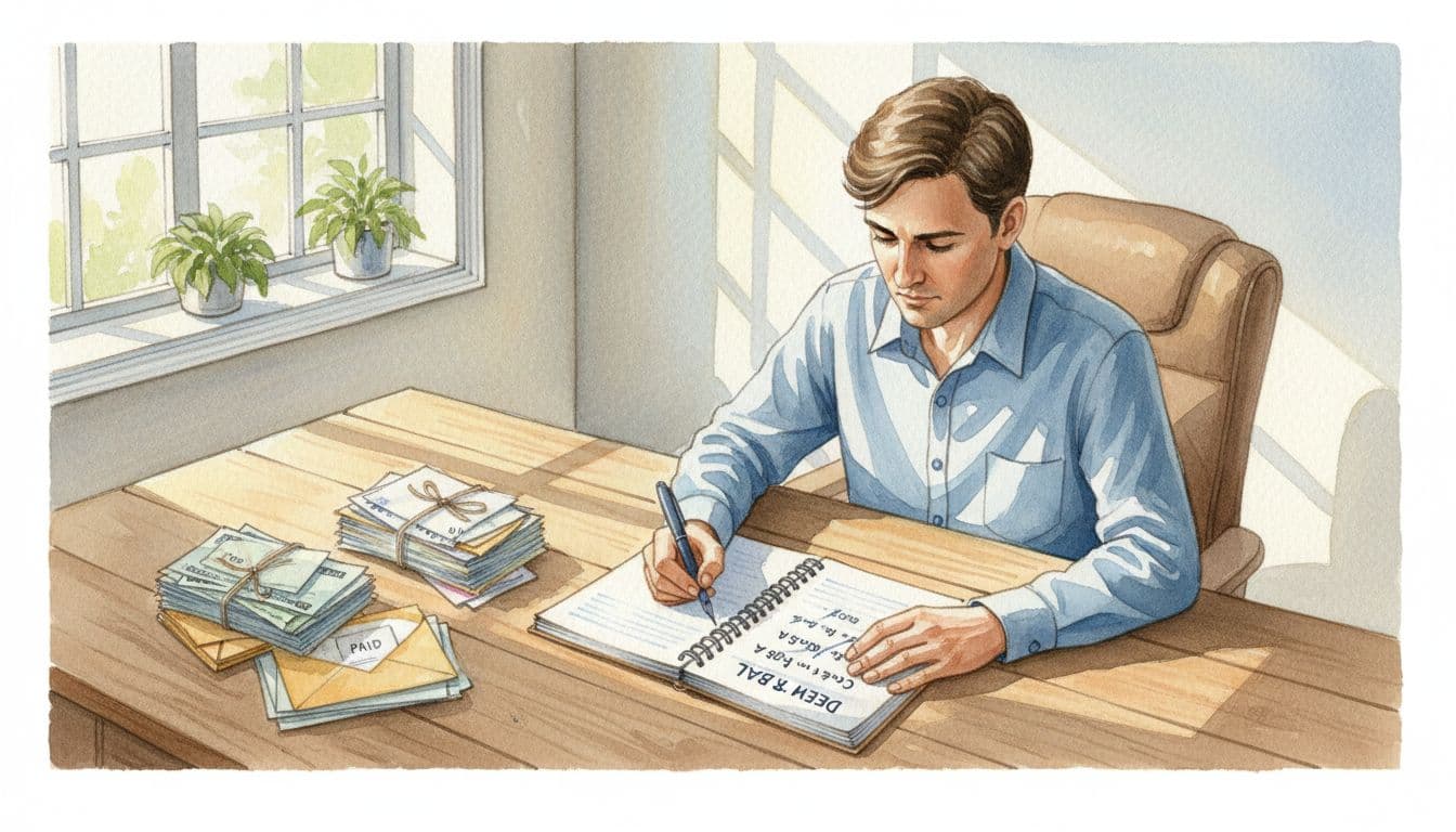 A person sits at a wooden desk in a bright home office, crossing off the smallest debt on a notepad list with organized bill stacks nearby, in watercolor style.