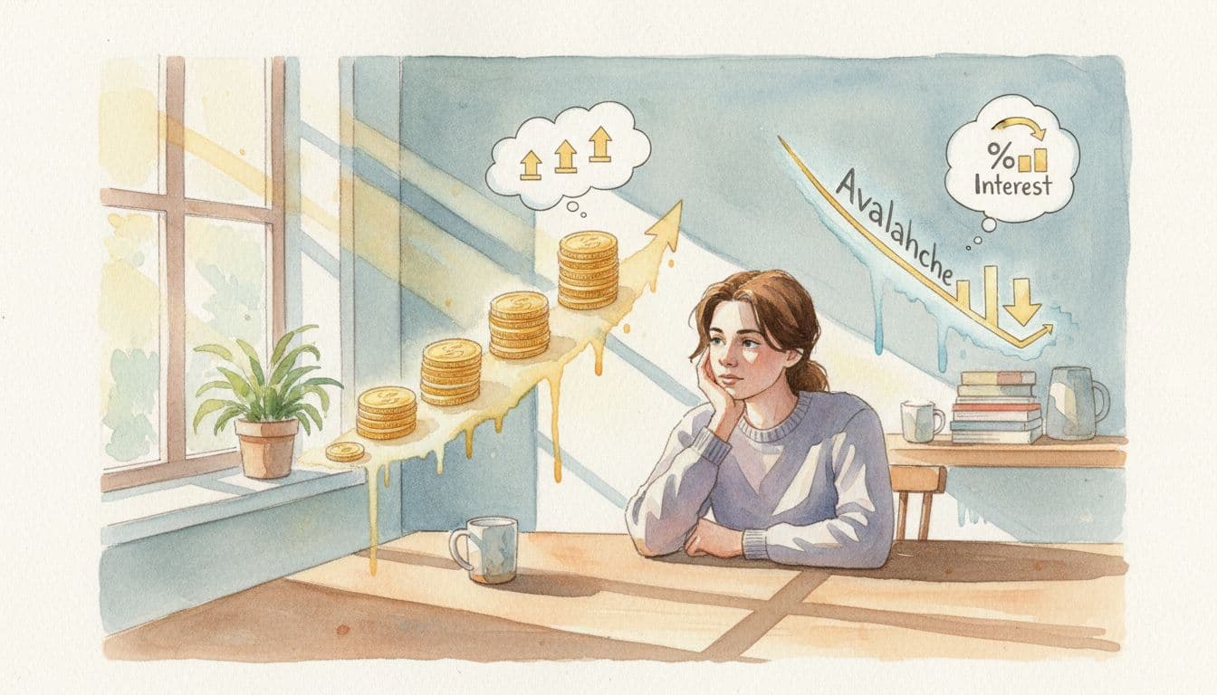 A relaxed person at a kitchen table ponders two debt payoff paths: quick wins with stacking coins (snowball method) and decreasing interest meter (avalanche method), in watercolor style with warm morning light.