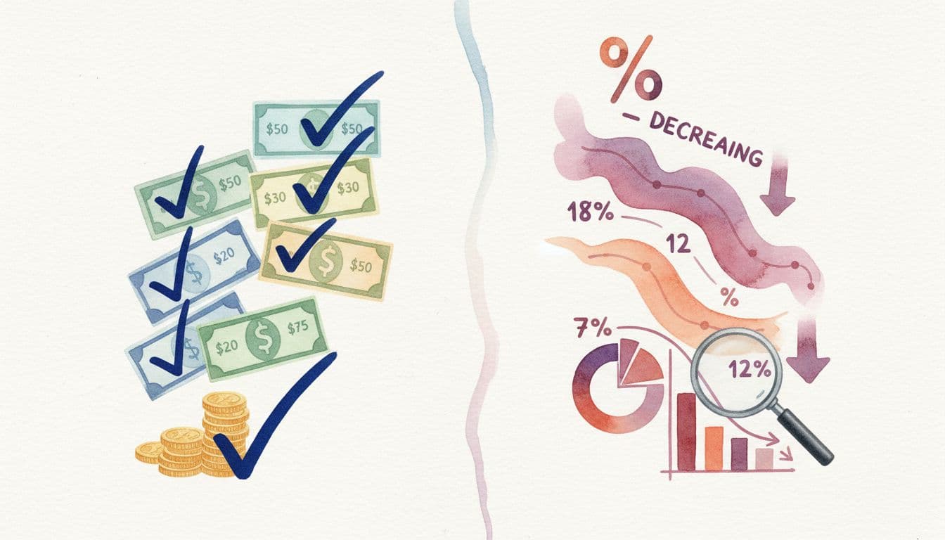 Split watercolor scene contrasting left-side quick checkmarks on small debt balances for motivation with right-side dropping interest calculations for math efficiency, balanced composition with soft blending.