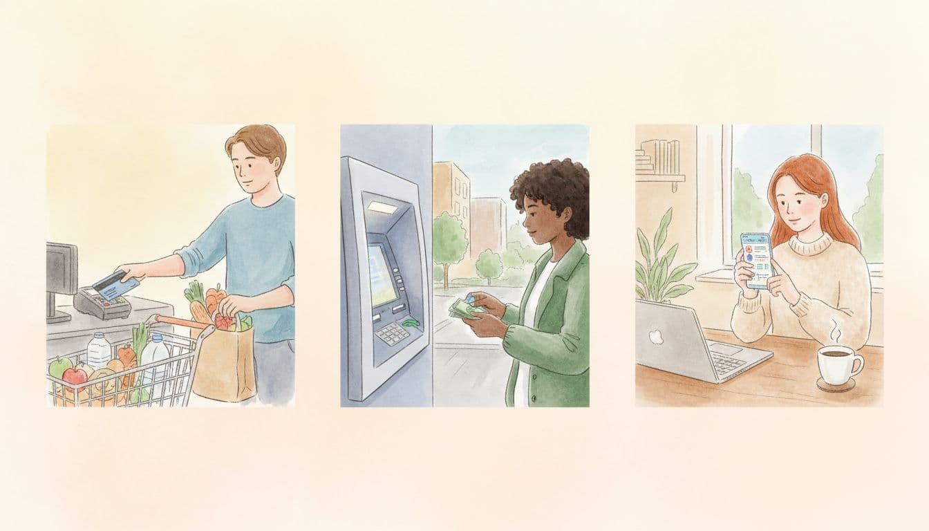 Three watercolor vignettes showing everyday banking: swiping debit card at grocery checkout, withdrawing cash from ATM, and viewing bill pay app on smartphone at home desk.