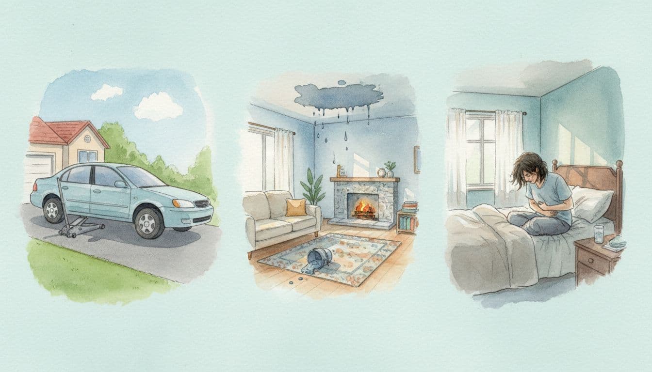 Three watercolor vignettes showing a car with flat tire on driveway, water leaking from living room ceiling, and person clutching stomach on bed, with soft blending and pale blue-green tones.