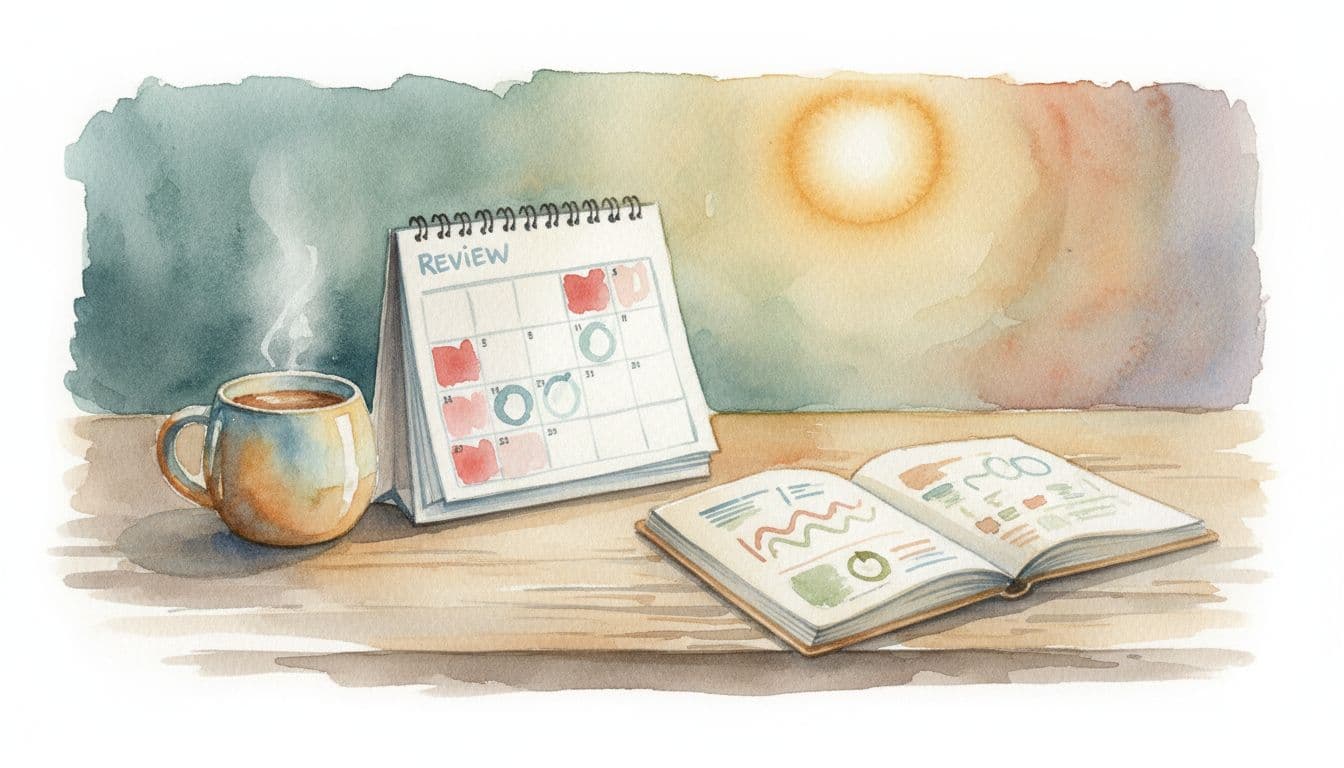 Watercolor illustration of a calendar page marked with review dates, coffee mug, and open financial notebook on a table in a softly lit home office.