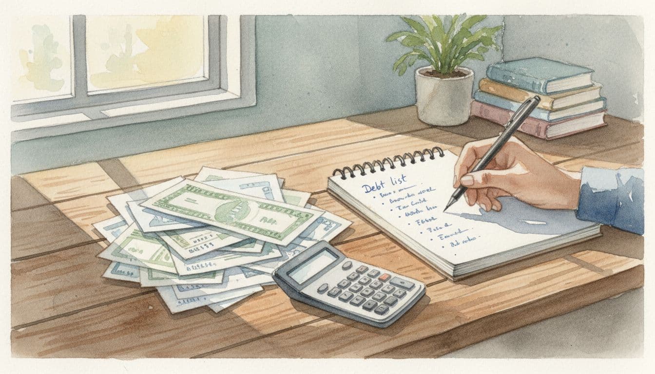 One person at a wooden desk organizes bills and writes a debt list on a notepad with pen and calculator nearby, in watercolor style with warm light.