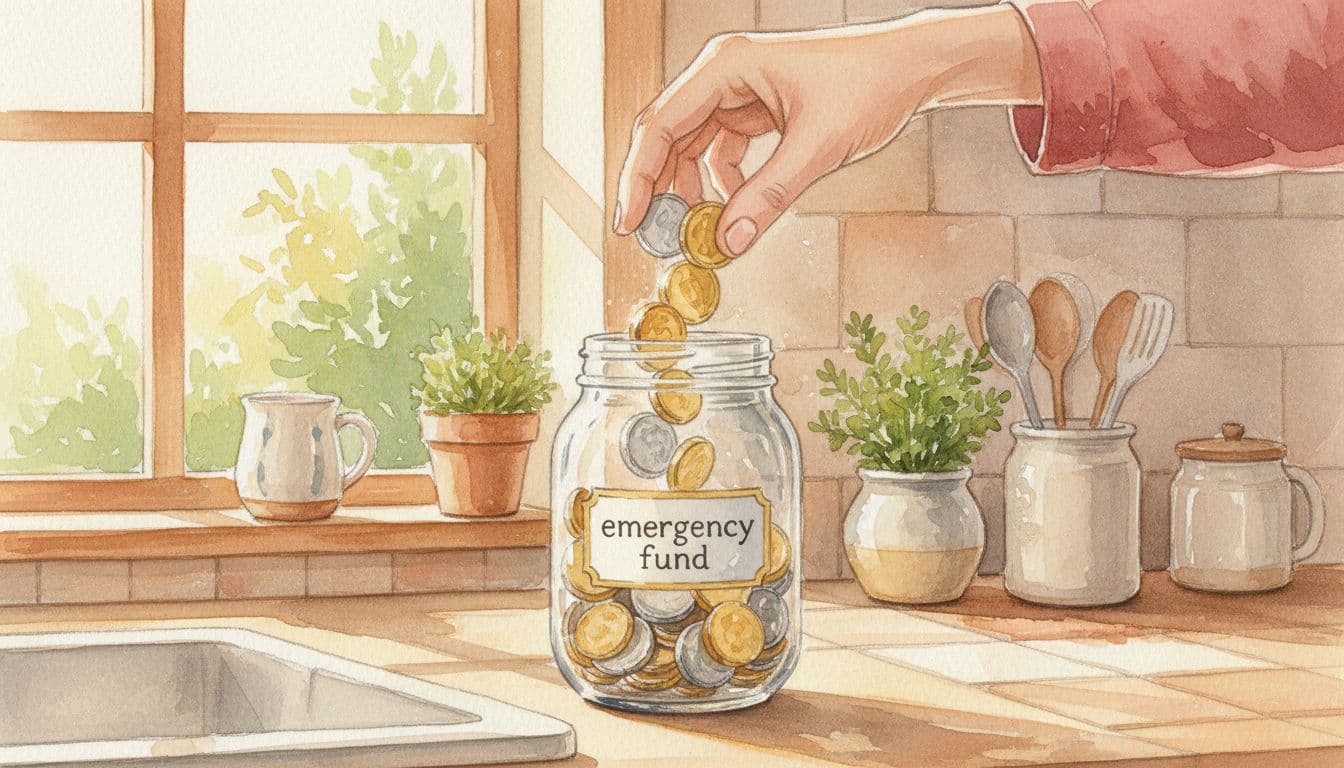 A person adds coins to a half-full glass jar labeled 'emergency fund' in a cozy kitchen setting with soft morning light, in a piggy bank style. Watercolor artwork featuring soft blending, visible brush textures, and warm tones.