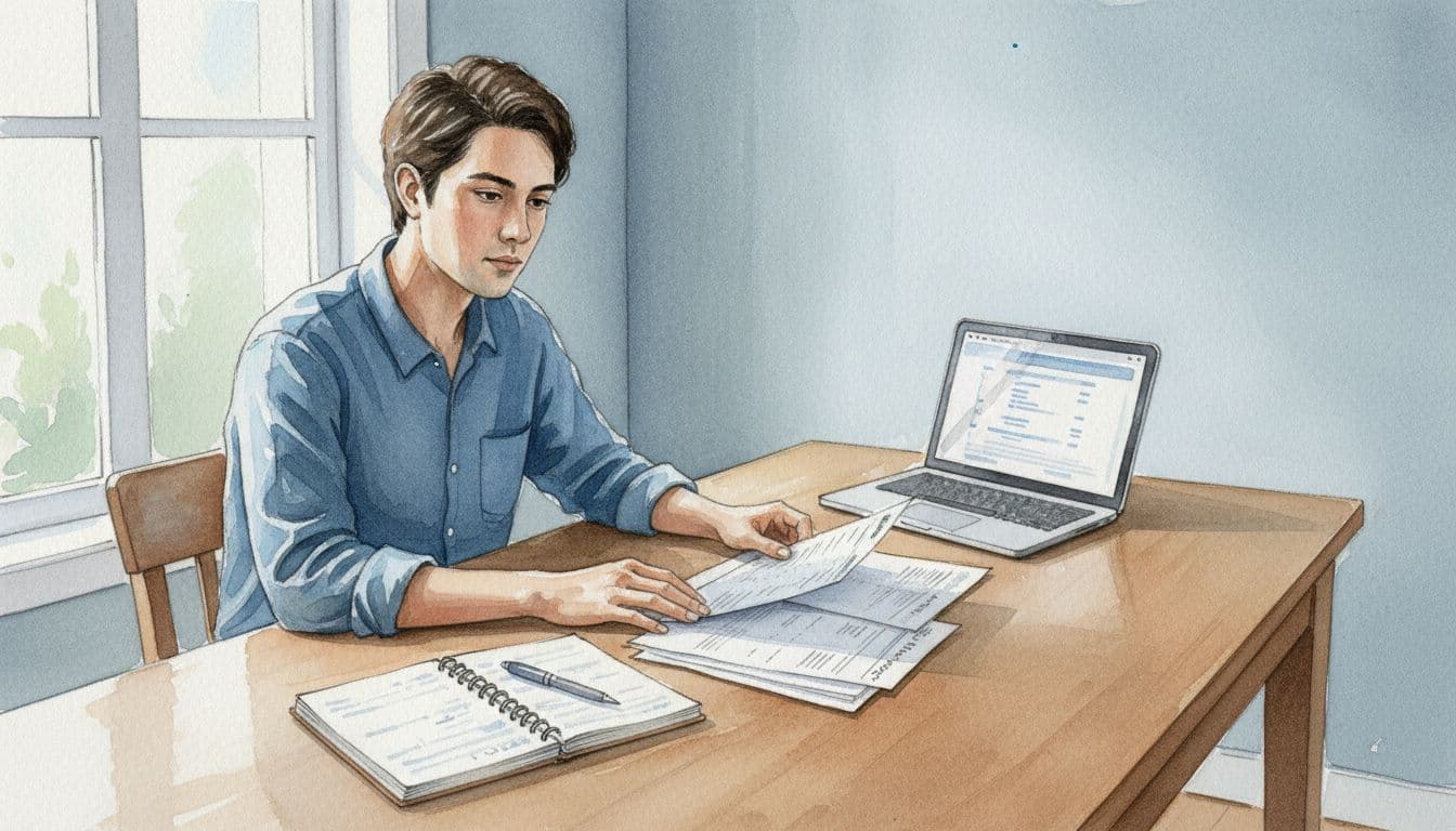 A person with a focused neutral expression reviews printed bank statements and a notebook with pen at a wooden kitchen table, laptop open with blurred transaction screen nearby, in watercolor style with soft blending and natural daylight.