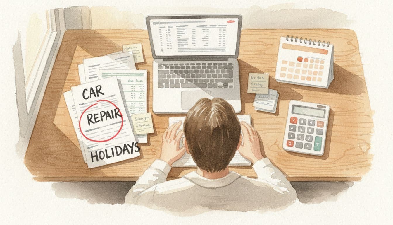 A person at a home desk reviews bank statements and notes on irregular expenses like car repairs and holidays, in soft watercolor style with warm neutral tones, natural daylight, focused on desk items including calendar and calculator.