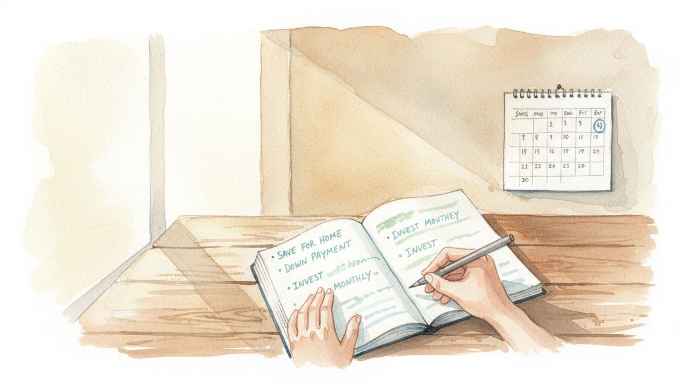 A person writes clear financial goals in a notebook on a wooden desk with a nearby calendar, bathed in soft natural light from a window, in a watercolor style featuring soft blending and visible brush textures.