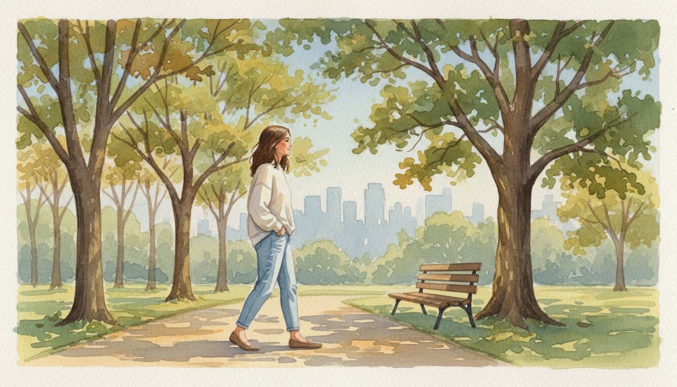 A single person walks relaxed along a sunny park path with trees and a bench, hands in pockets, content expression, casual clothes, subtle distant city skyline, full body side angle view in watercolor style with soft blending and brush texture.