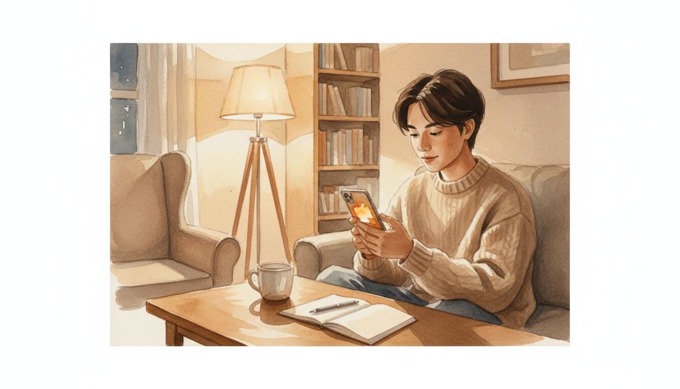 Person relaxed at coffee table in living room checking budget tracking app on phone for weekly review, watercolor style with warm tones, notebook nearby, evening lamp light.