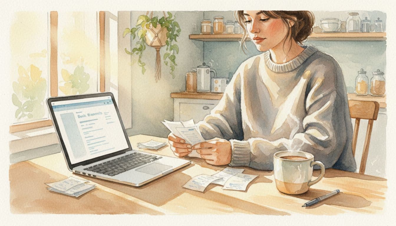 A relaxed person sits at a cozy kitchen table with a laptop open to bank statements, receipts nearby, and a mug of coffee, reviewing expenses in a watercolor style with soft blending, visible brush texture, and warm natural morning light filtering through the window.