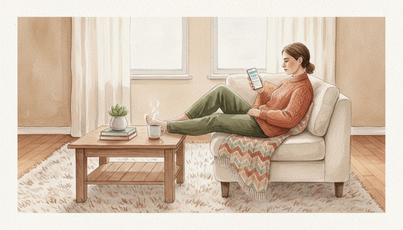 Adult in cozy living room holding smartphone reviewing app subscriptions, relaxed pose with coffee table nearby, soft watercolor style in warm earth tones, natural indoor lighting, landscape view.