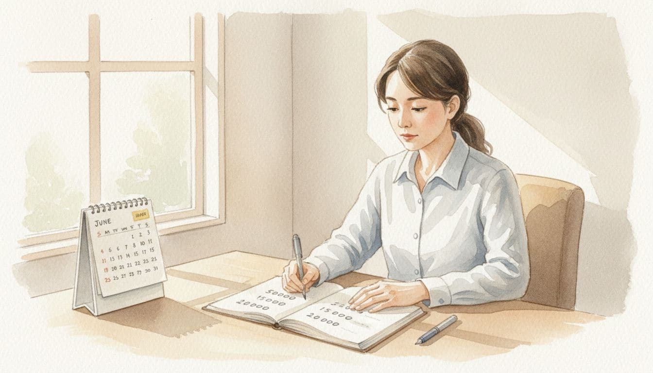 A focused adult sits at a wooden desk in a bright home office, writing specific savings goal numbers in a notebook beside an open June calendar with notes, in soft watercolor style.
