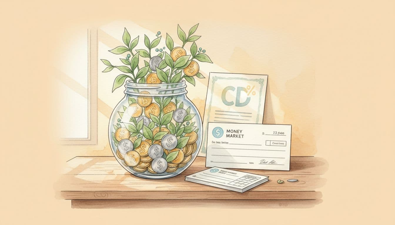 Watercolor illustration of a large glass jar filled with growing green plants and sprouting coins symbolizing savings growth, beside an open money market checkbook on a wooden table, with a soft-focused CD certificate in the background.