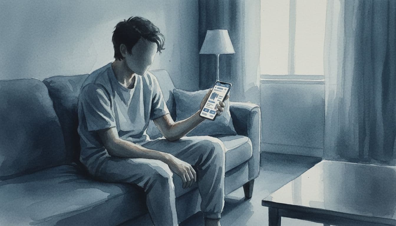 A single person sits on a couch in a dimly lit living room at night, looking stressed and bored while holding a smartphone with a blurred online shopping app open. Watercolor style with soft blue-gray tones captures the moody emotional triggers for impulse buying.