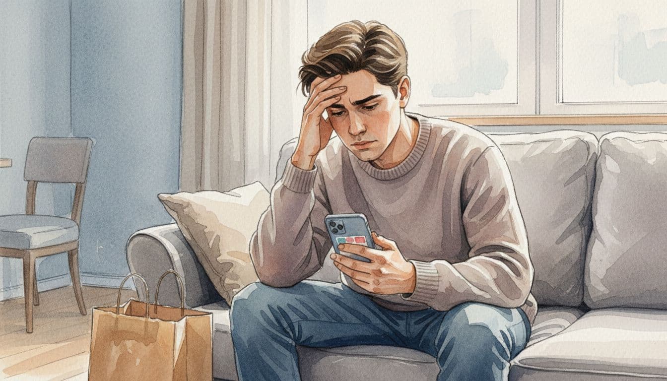 Young adult sitting stressed on cozy couch with hand on forehead, phone showing shopping app in lap, shopping bag nearby, watercolor style with soft blending.