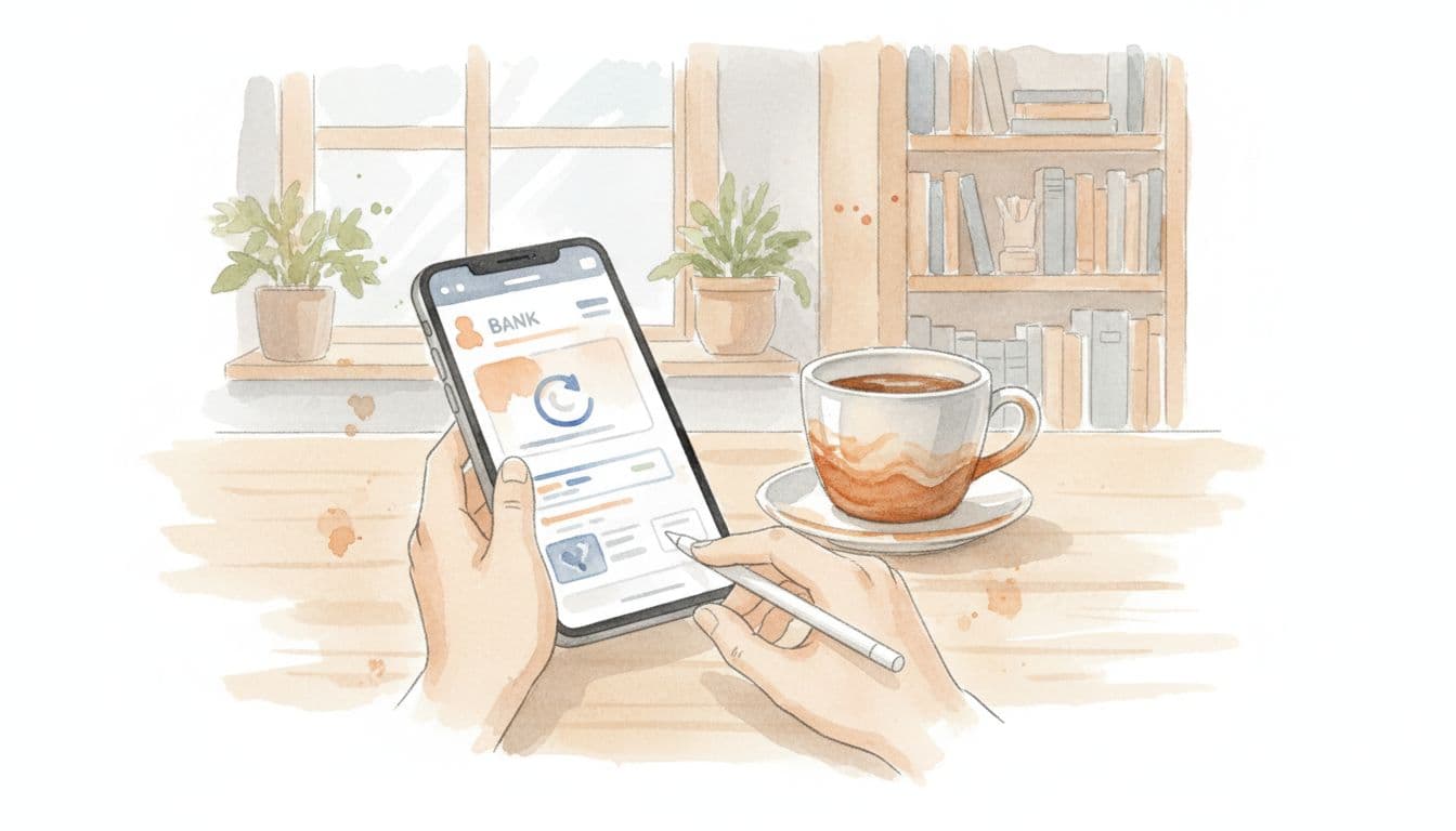 A smartphone screen displaying a bank app with automated transfer setup rests on a cozy home office desk next to a coffee mug, rendered in watercolor style with soft blending and brush textures.