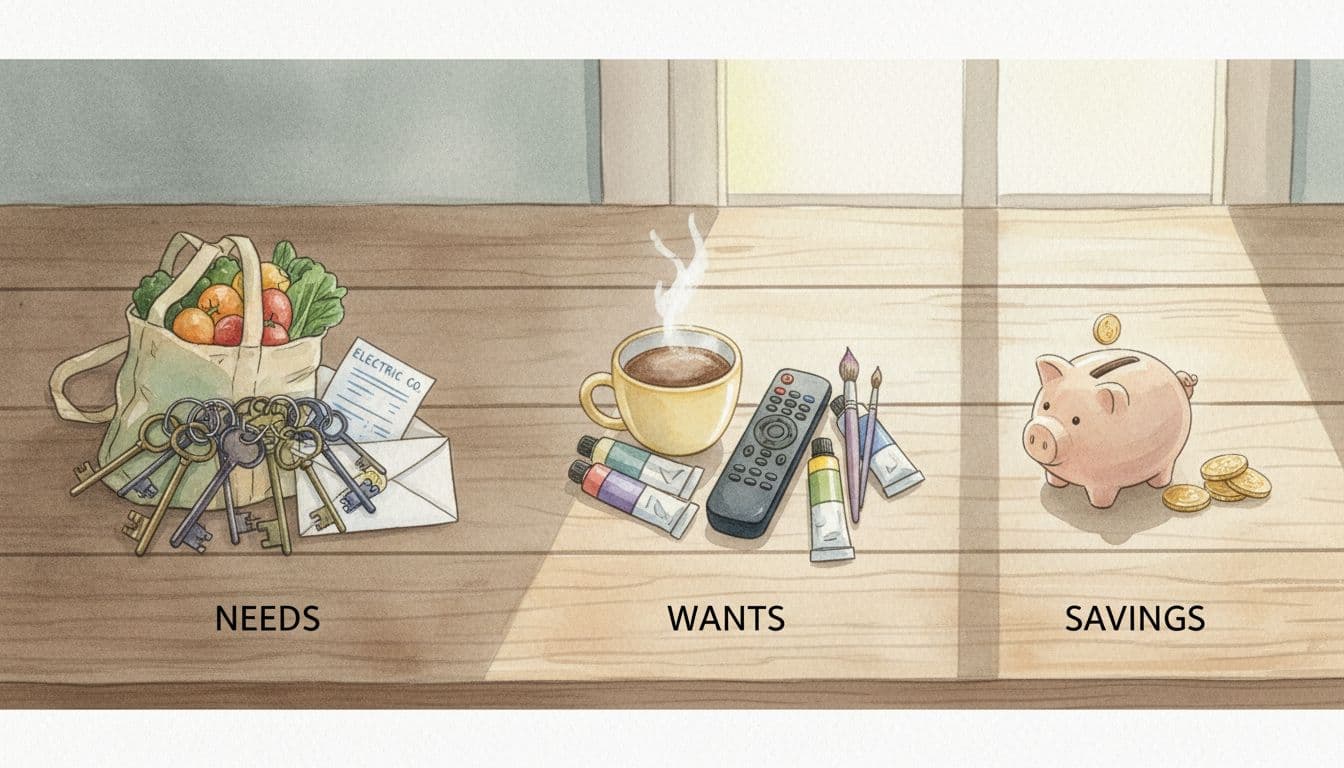 Watercolor illustration of everyday items on a wooden table representing budget categories: large pile for needs (house keys, grocery bags, utility bill), medium for wants (coffee cup, streaming remote, hobby paintbrush), small for savings (piggy bank, gold coins), arranged left to right with soft blending and brush texture.