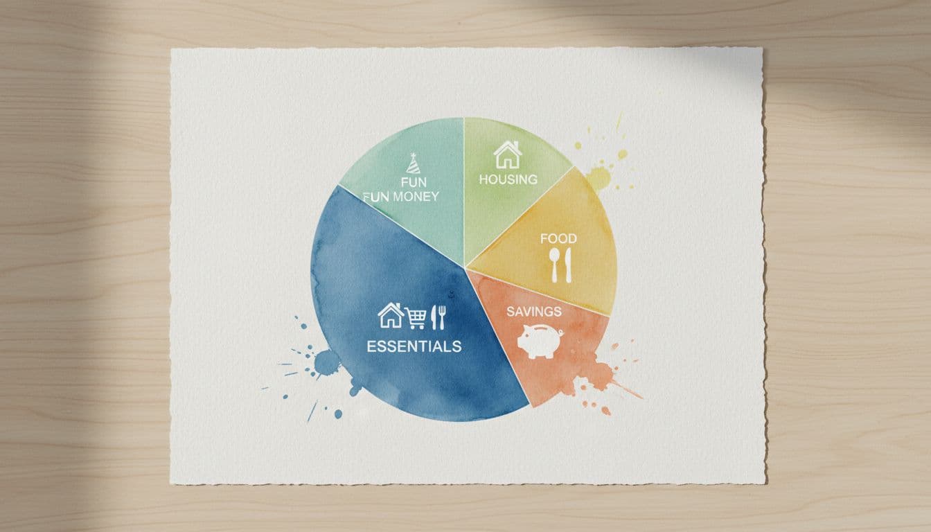 Balanced budget pie chart elements on paper showing essentials like housing, food, savings, and fun money in watercolor style with soft blending and brush texture. Flat lay top view on wooden table with simple icons, natural light, no text or numbers.