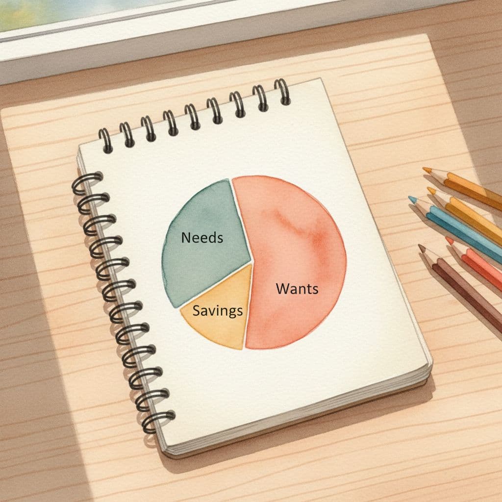Simple watercolor illustration of a budget pie chart divided into needs, wants, and savings categories on a notepad, with colored pencils nearby on a clean desk under natural daylight.
