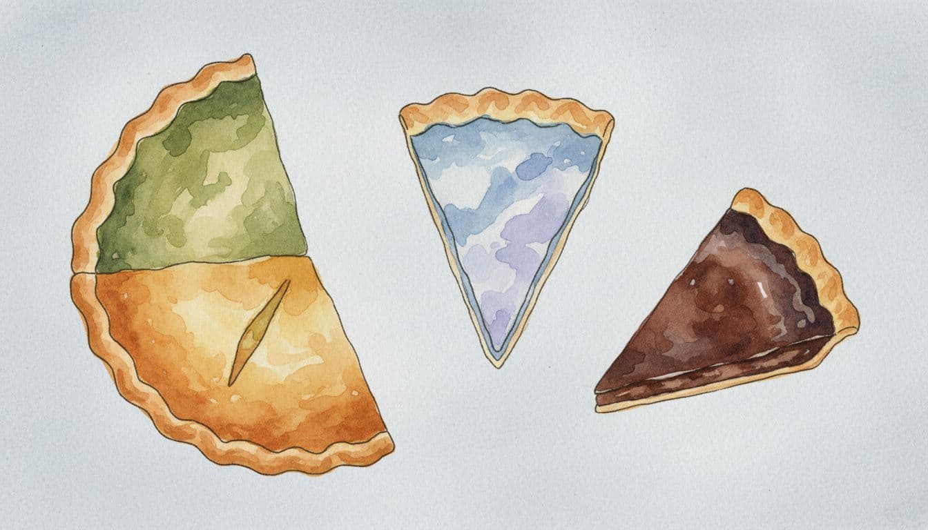 Simple watercolor illustration of three pie slices representing budget categories: largest for needs, medium for wants, smallest for savings, on neutral background with soft blending and brush texture.