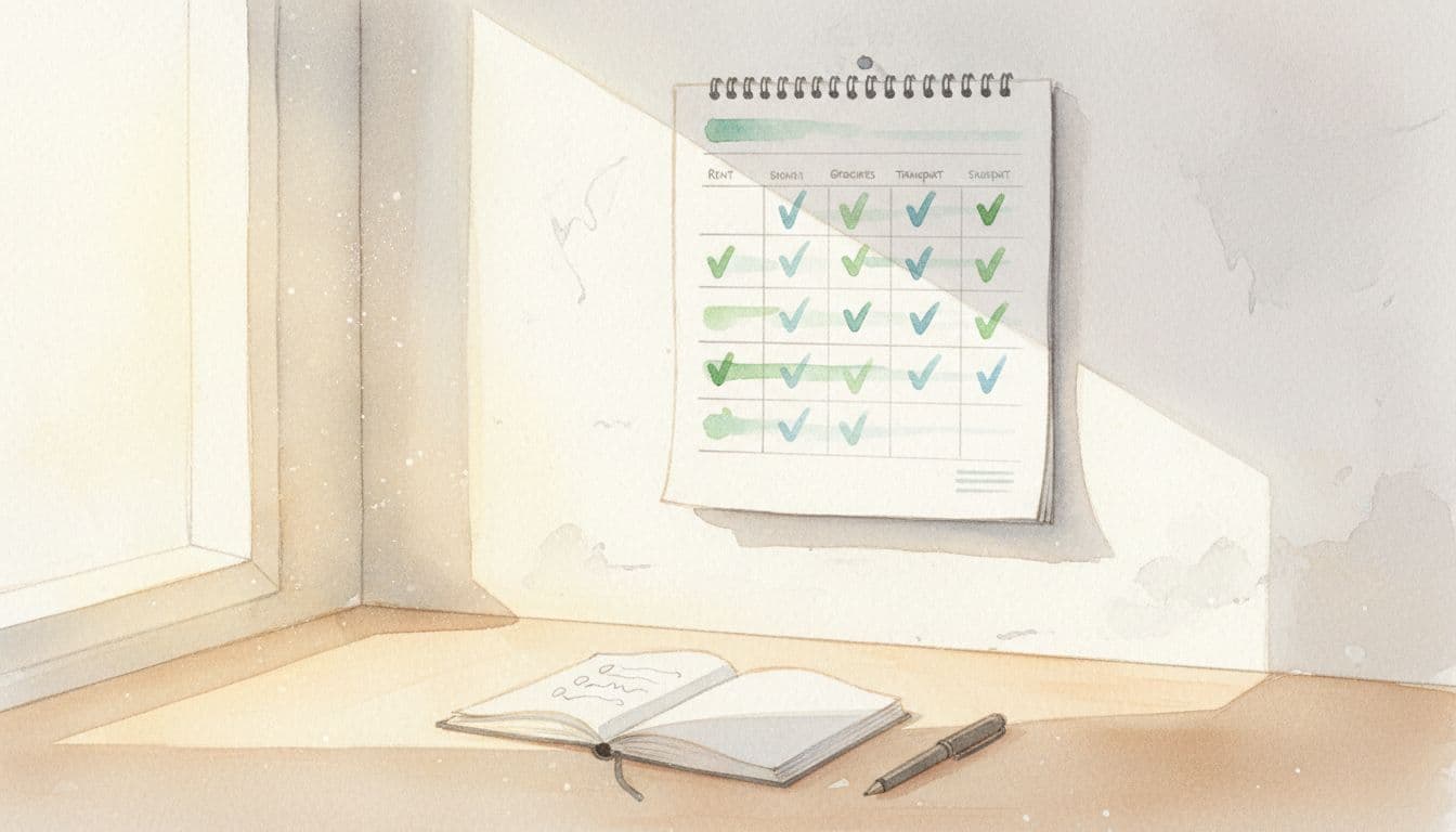 Calendar on wall with checkmarks by budget categories, desk with notebook and pen below, soft morning light through window, watercolor style with brush texture, simple clean scene.