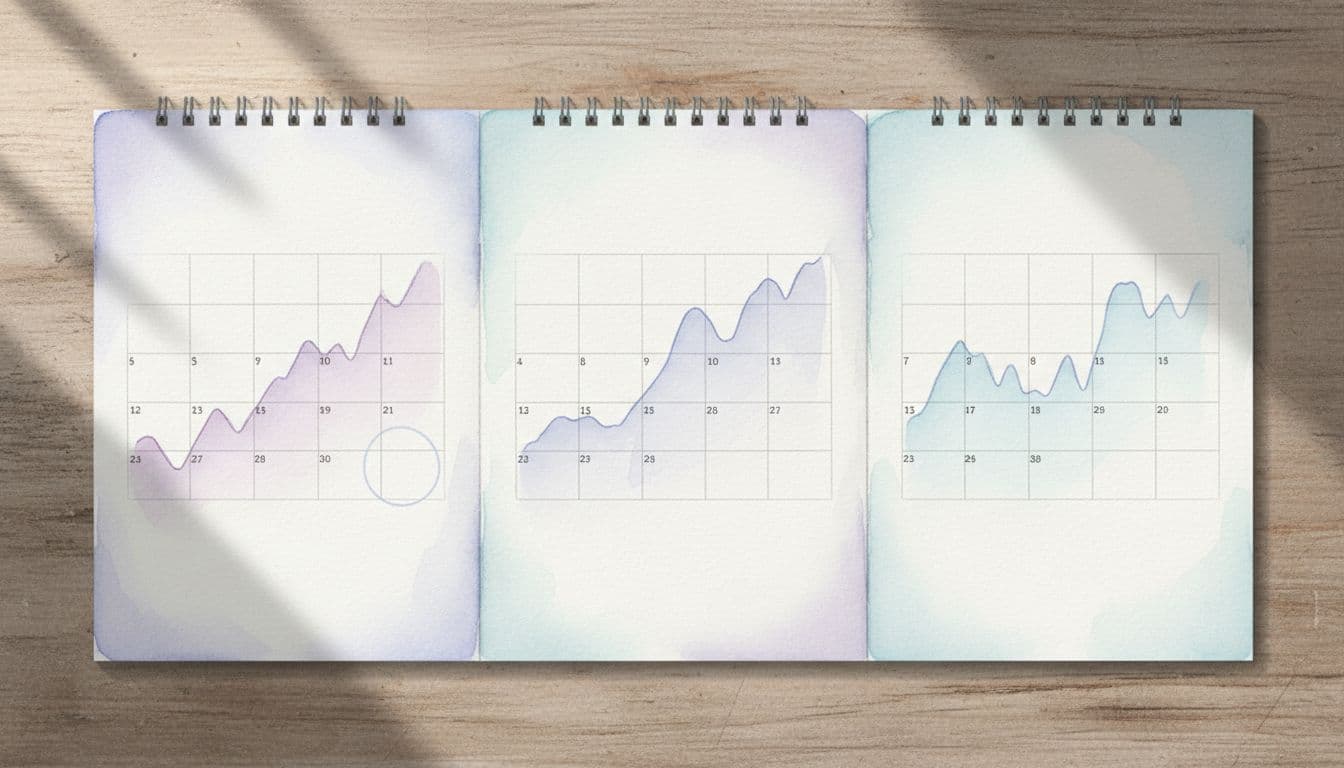Watercolor-style open desk calendar on wooden surface showing subtle monthly income variation lines with one low point circled, soft pastel tones and natural lighting.