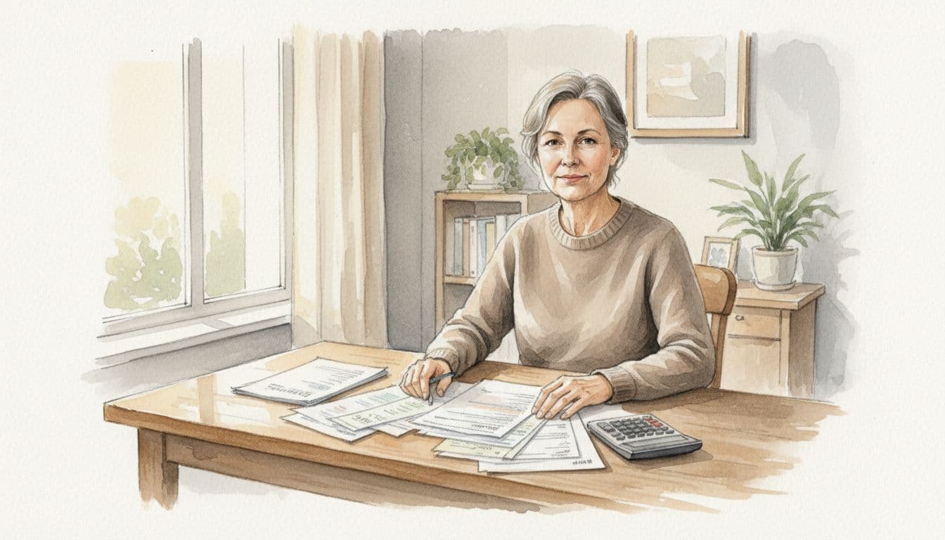 Watercolor style painting of a middle-aged person at a wooden home desk in a cozy room, reviewing bank statements, pay stubs, and bills with a nearby calculator, soft natural light and neutral tones.