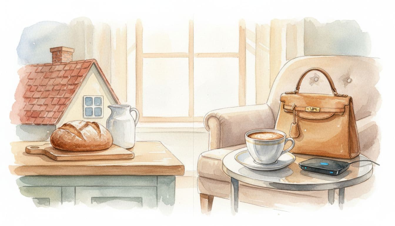 A watercolor-style split scene contrasting essential needs on the left (bread, milk, basic shelter in a simple kitchen) with luxury wants on the right (gourmet coffee, designer handbag, streaming device), divided by a faint line in a cozy home interior with warm lighting and visible brush textures.