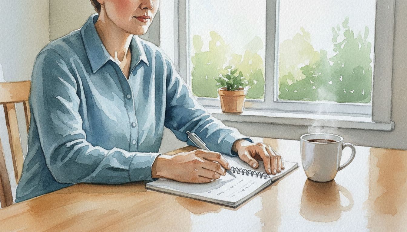 One adult at a kitchen table with notepad and pen listing budget items in a relaxed pose, hands resting on paper, mug of coffee nearby, soft window light, watercolor style with blending and brush texture.