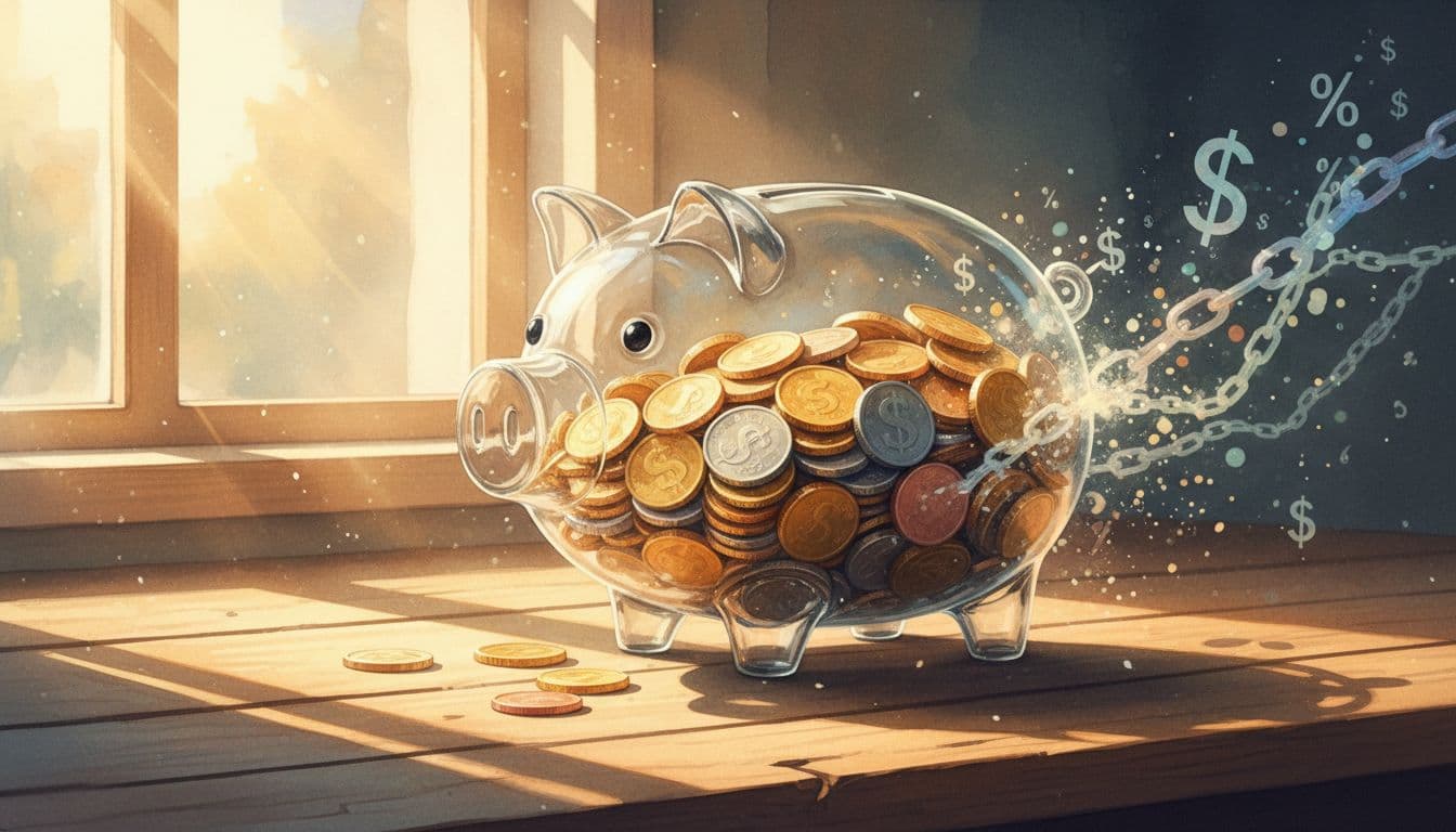 Watercolor illustration of a sturdy glass piggy bank on a wooden desk filled with coins, surrounded by faint dissolving chains and ghostly fee symbols representing avoided fees, in warm sunlight.