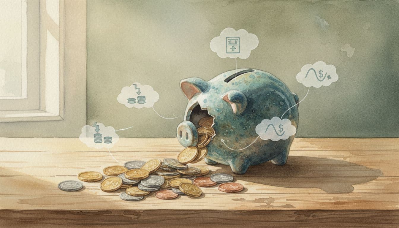 A watercolor painting of a wooden desk with a piggy bank spilling coins, subtle floating icons representing bank fees like overdraft and ATM, illuminated by soft window light in earth tones.