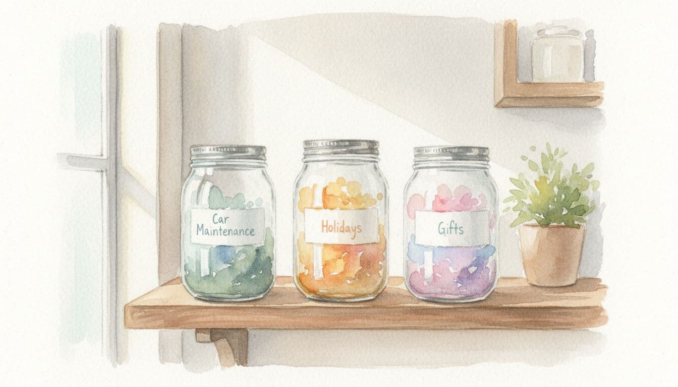 Jars for sinking funds like car maintenance, holidays, and gifts on a kitchen shelf in watercolor style with soft blending, brush texture, cozy home setting, three jars in foreground, soft window light, subtle colored labels.