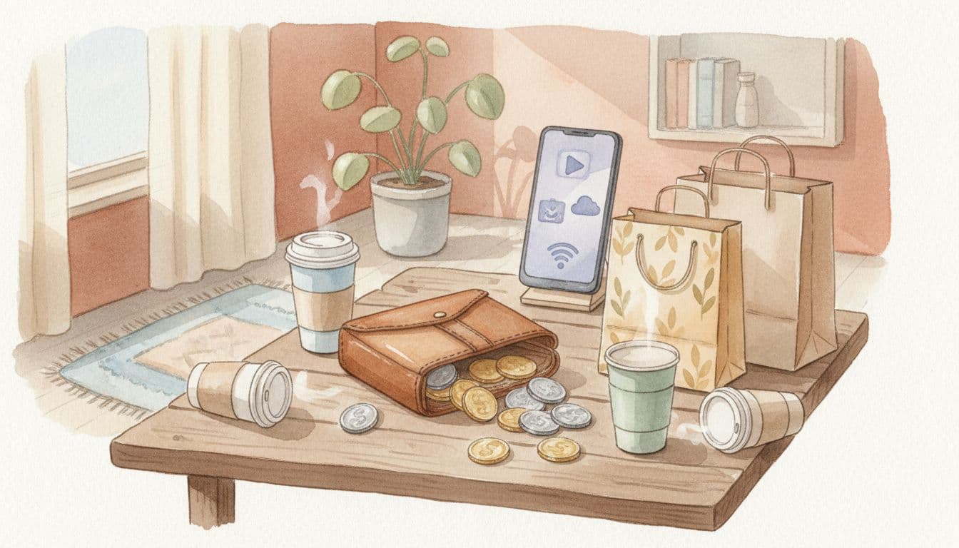 A watercolor illustration depicting small everyday expenses like coffee cups, shopping bags, blurred subscription icons on a phone, and coins spilling from a wallet on a table in a cozy home setting with soft natural daylight.