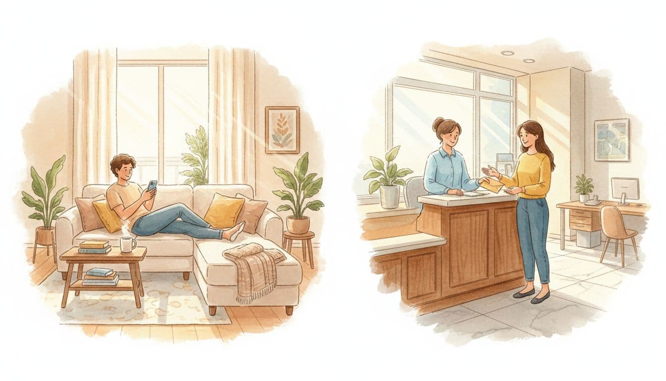 Split watercolor illustration: left half depicts a relaxed person on a cozy home couch using a smartphone for mobile banking with a coffee mug nearby in morning light; right half shows a person at a bank teller counter depositing a cash envelope in a professional branch interior with daylight. Balanced landscape composition with soft blending, brush textures, and warm tones featuring exactly two people.