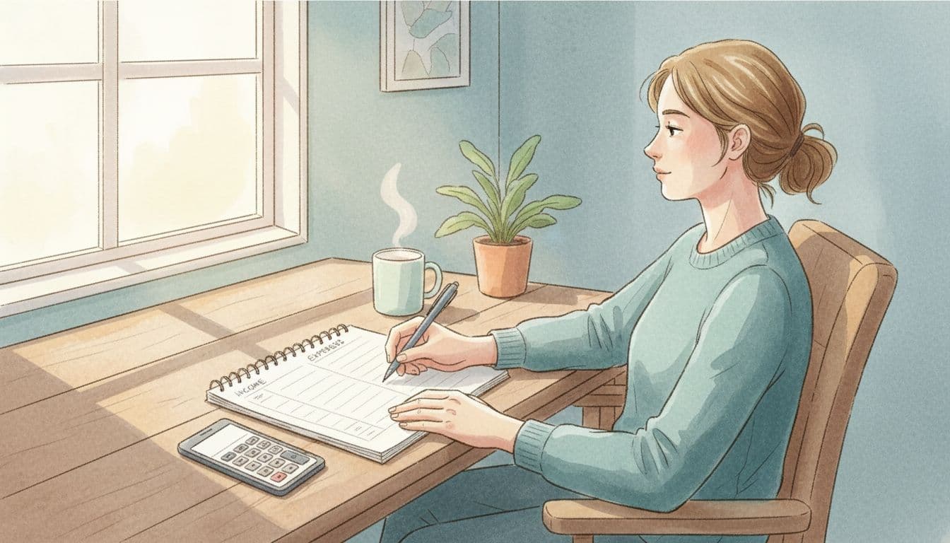 Young adult relaxed at kitchen table, handwriting income and expenses on notepad with nearby phone calculator, cozy home setting in watercolor style with soft blending.